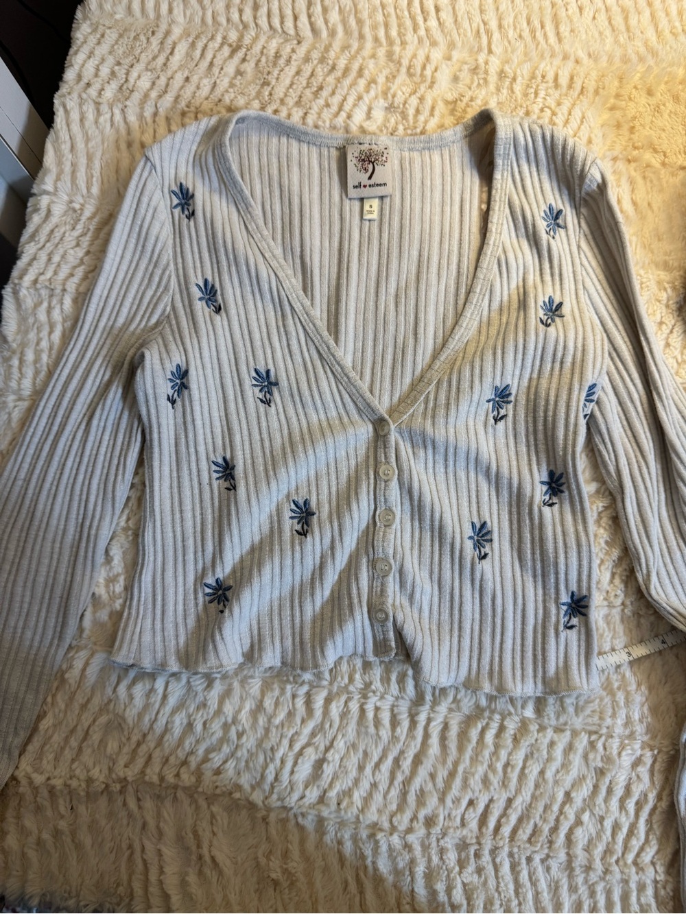 Self Esteem cream Ribbed Button-Up Cardigan with Blue Floral Embroidery